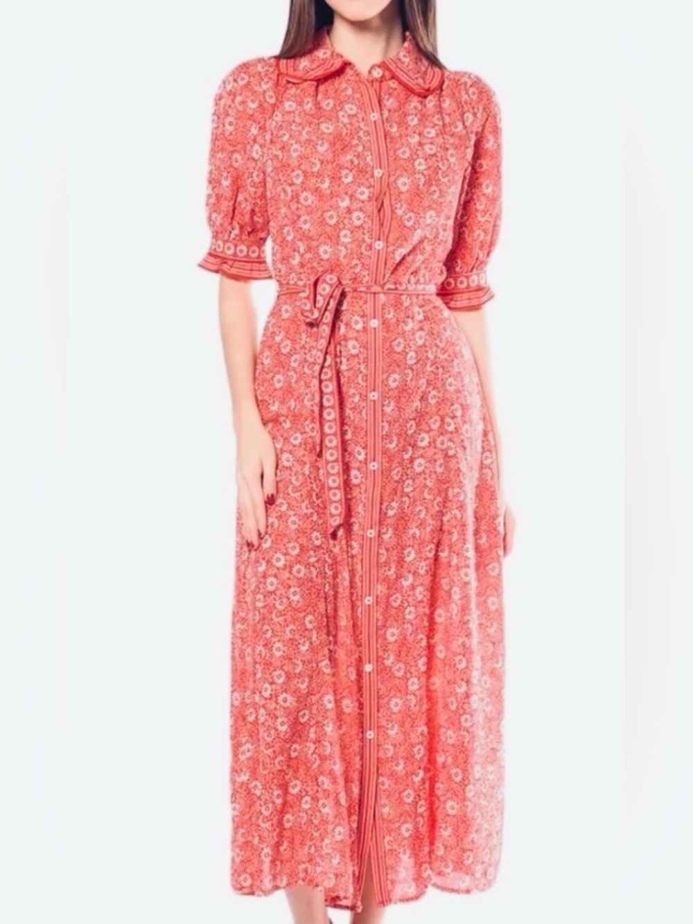 Max Studio Coral Floral Button-Front Maxi Dress with Tie Belt